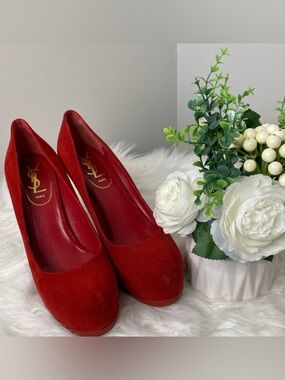 Yves Saint Laurent Tribtoo 80 Platform Heels in Poppy Kid Scamosciato Suede